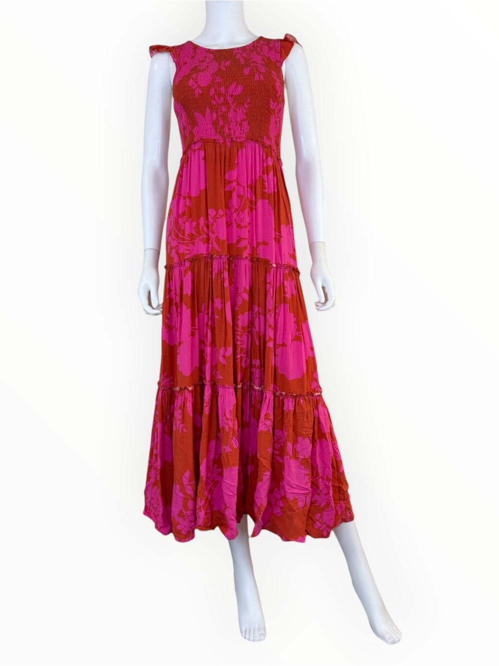 Abel the Label Pink Floral Print Angelica Tiered Maxi Dress Size XS Q1046
